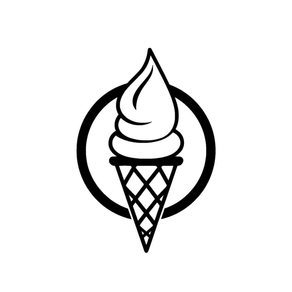 Minimalist Ice Cream Cone A monochromatic, stylized featuring a swirled ice cream atop a waffle cone, enclosed in a bold black circle against a stark white background. vector