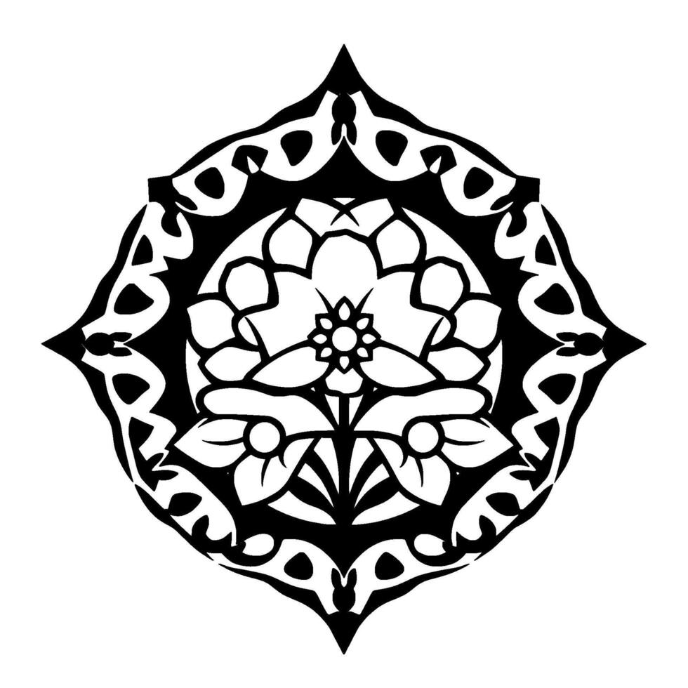 Intricate Floral Mandala Geometric Black and White with Symmetrical Petals and Decorative Outer Border. vector