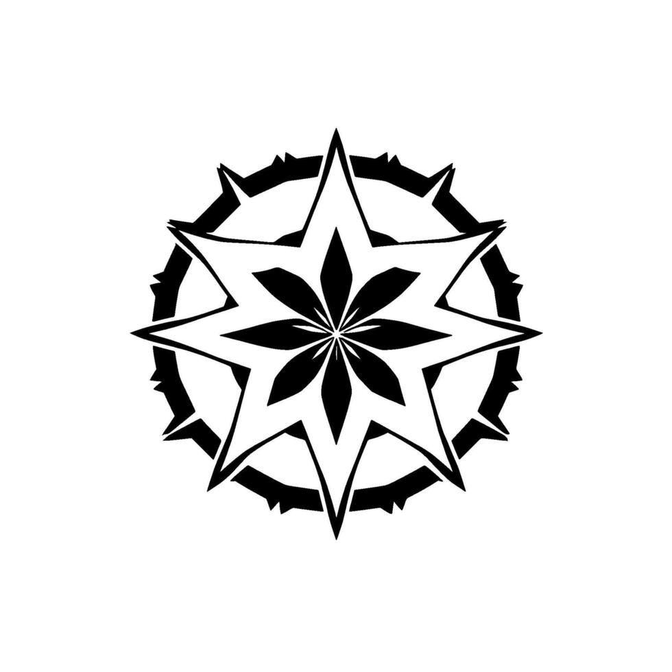 Geometric Black and White Floral Star Mandala with Circular Border and Small Star Outlines, Symmetric . vector