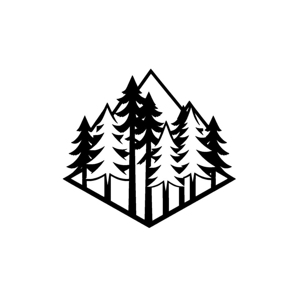 Stylized Black and White Geometric Diamond Frame Enclosing Silhouette of Evergreen Trees, NatureInspired vector