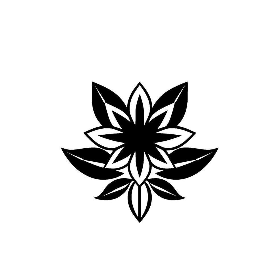 Symmetrical Black Flower with Pointed Petals and Central Starburst on a White Background, Modern Botanical . vector