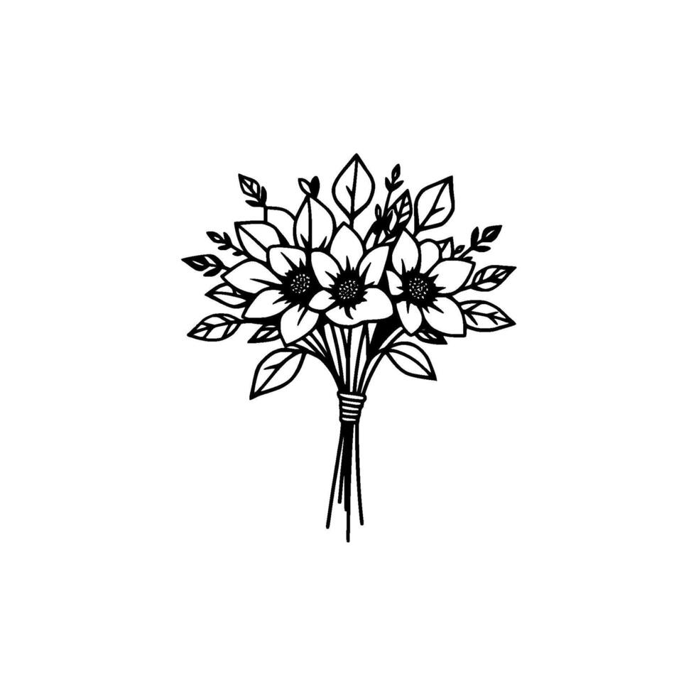 Minimalist Floral Bouquet Illustration Black and White Line Art Featuring Three Blooms, Leaves, and a Tied Stem on White Background. vector