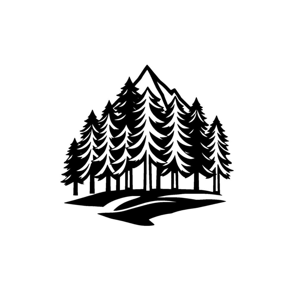 Black and White Illustration of a Mountain Range Overlooking a Forest of Pine Trees with a Winding Trail. vector