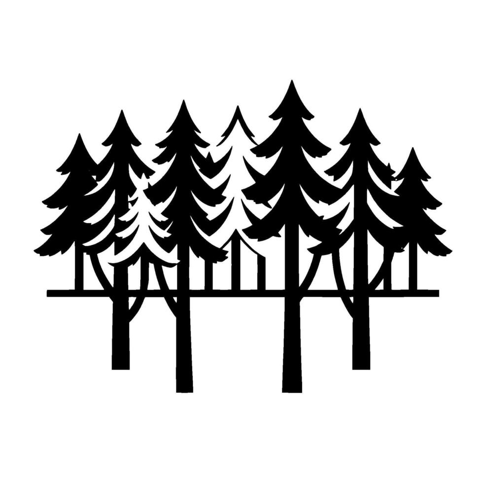 Bold Black and White Silhouetted Forest Scene with Evergreen Trees, Showcasing a Minimalist Against a Bright White Background. vector