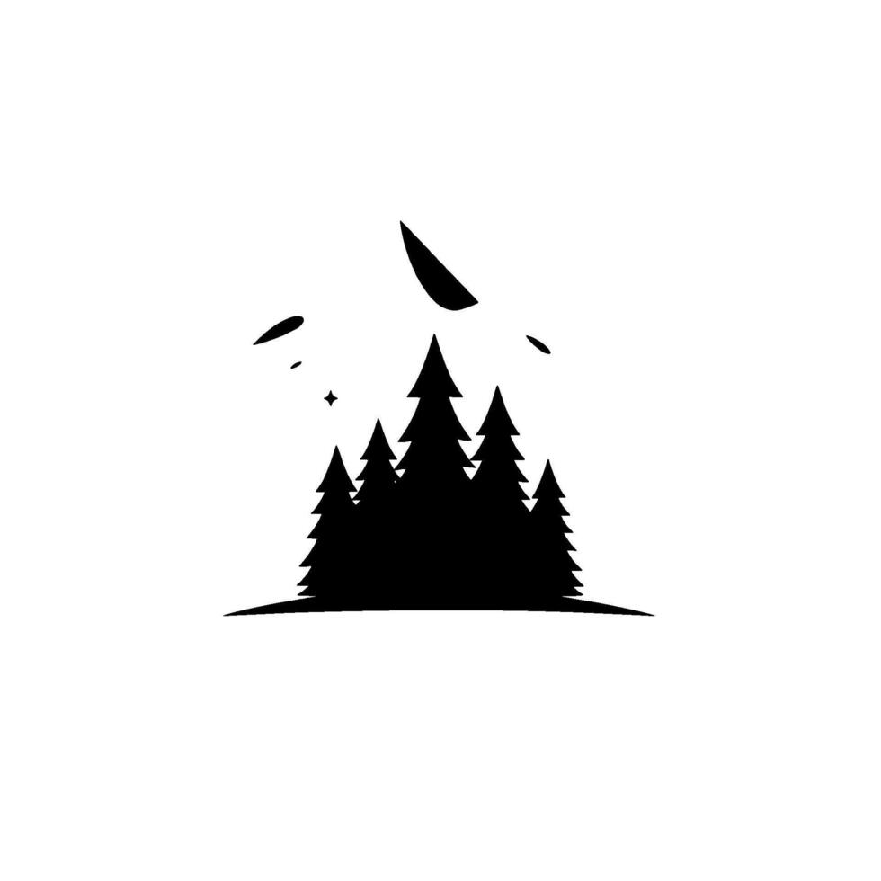 Silhouette of a pine forest under a night sky, with stars and dark shapes on a clean white background. vector