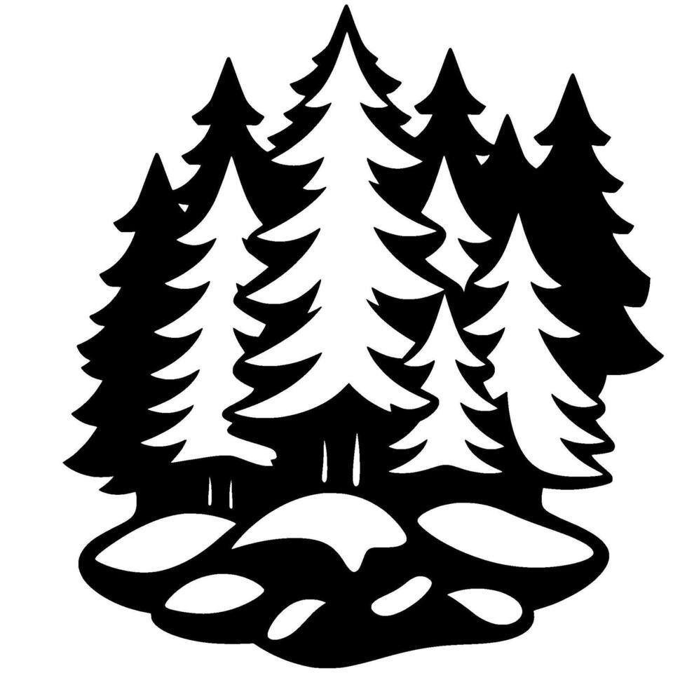 Stylized black and white illustration of evergreen trees and snow covered terrain, portraying a minimalist woodland scene. vector