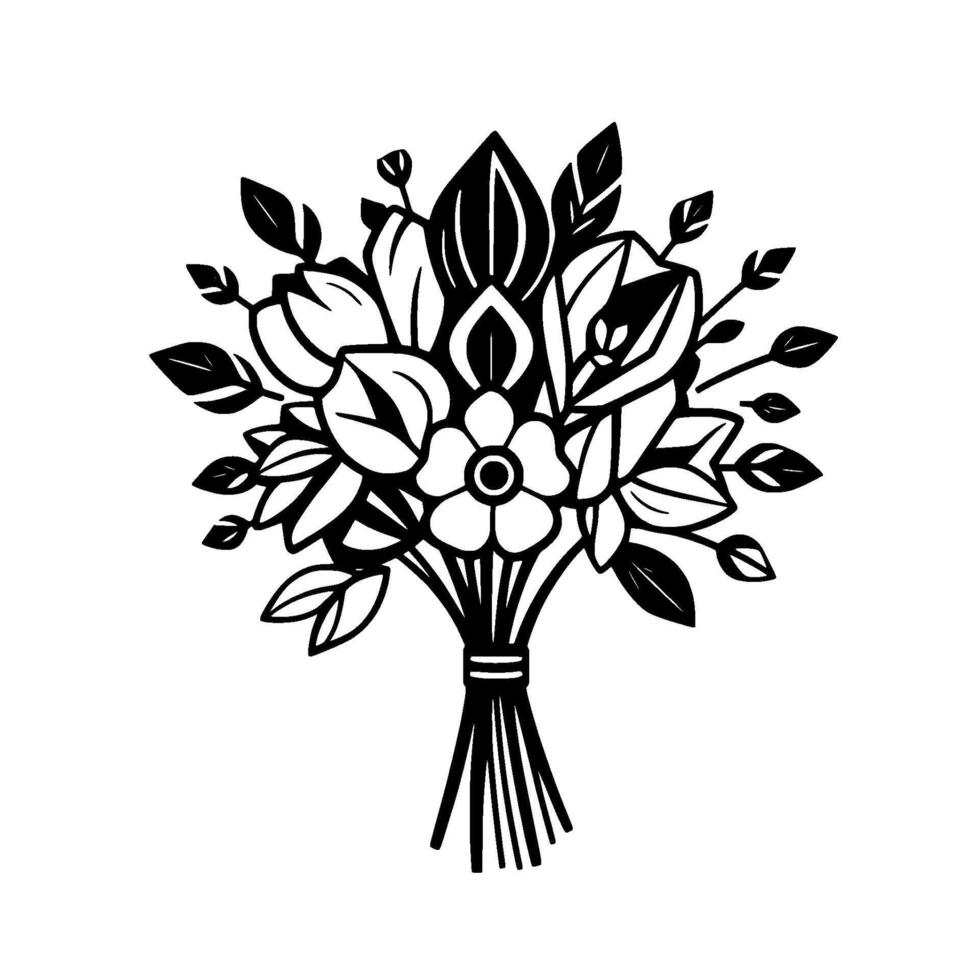 Elegant Black and White Floral Bouquet Illustration with Detailed Leaves and Blossoms, Tied Together vector