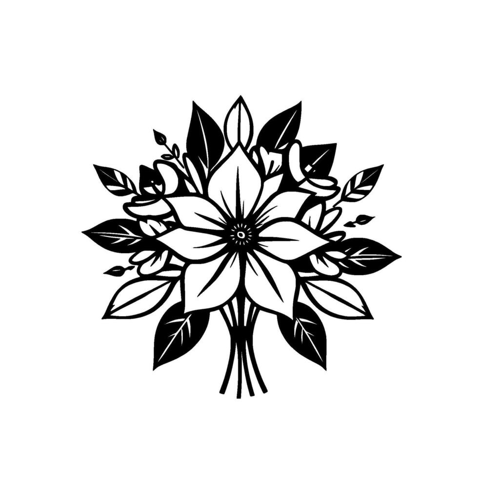 Elegant monochrome floral illustration A symmetrical bouquet featuring a central flower encircled by leaves and smaller blossoms against a white backdrop, showcasing intricate detail. vector