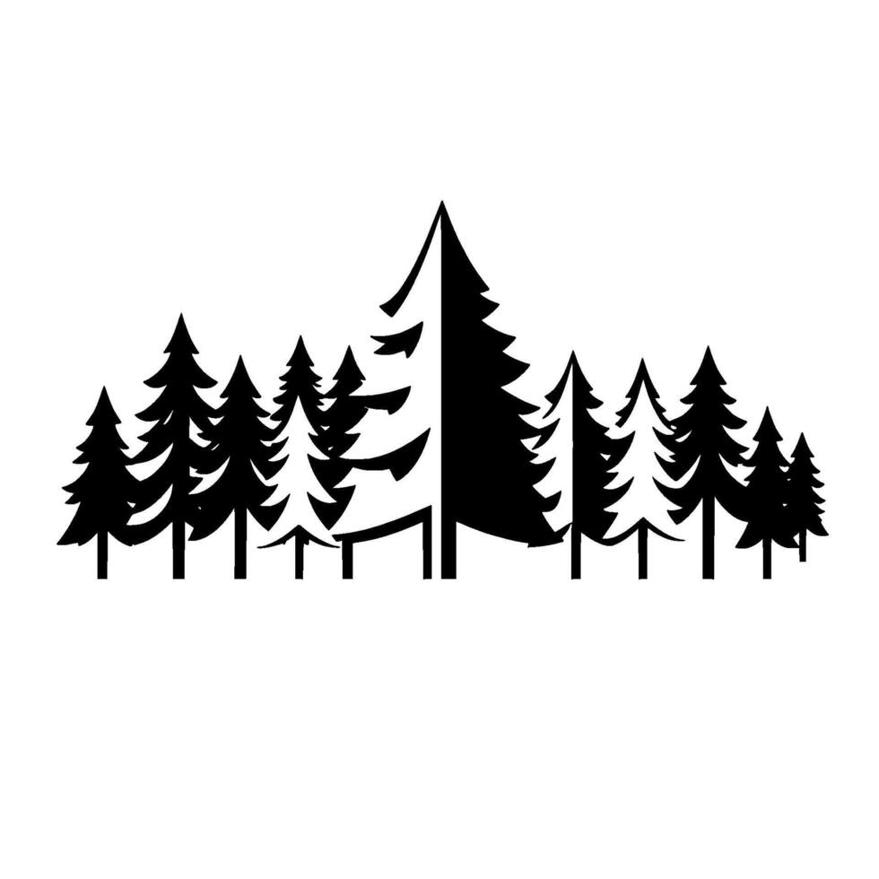 Silhouette of a dense forest of evergreen trees in black against a stark white background, illustrating nature. vector