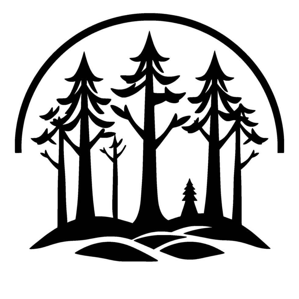 Black and White Forest Silhouette, Featuring Evergreen Trees and a Curved Arch, Evoking Nature. vector
