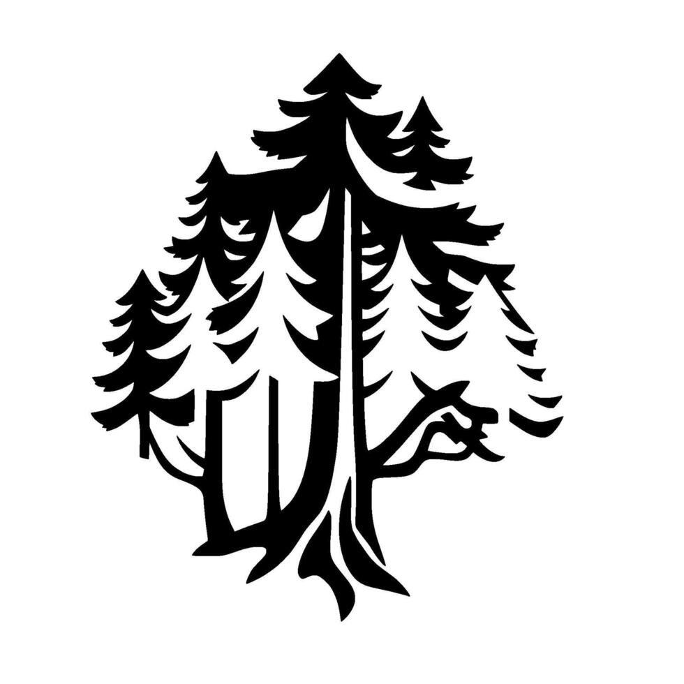 Majestic Silhouette of a Forest Black and White Illustration of Evergreen Trees, Featuring Layered Fronds and Branching Detail. vector