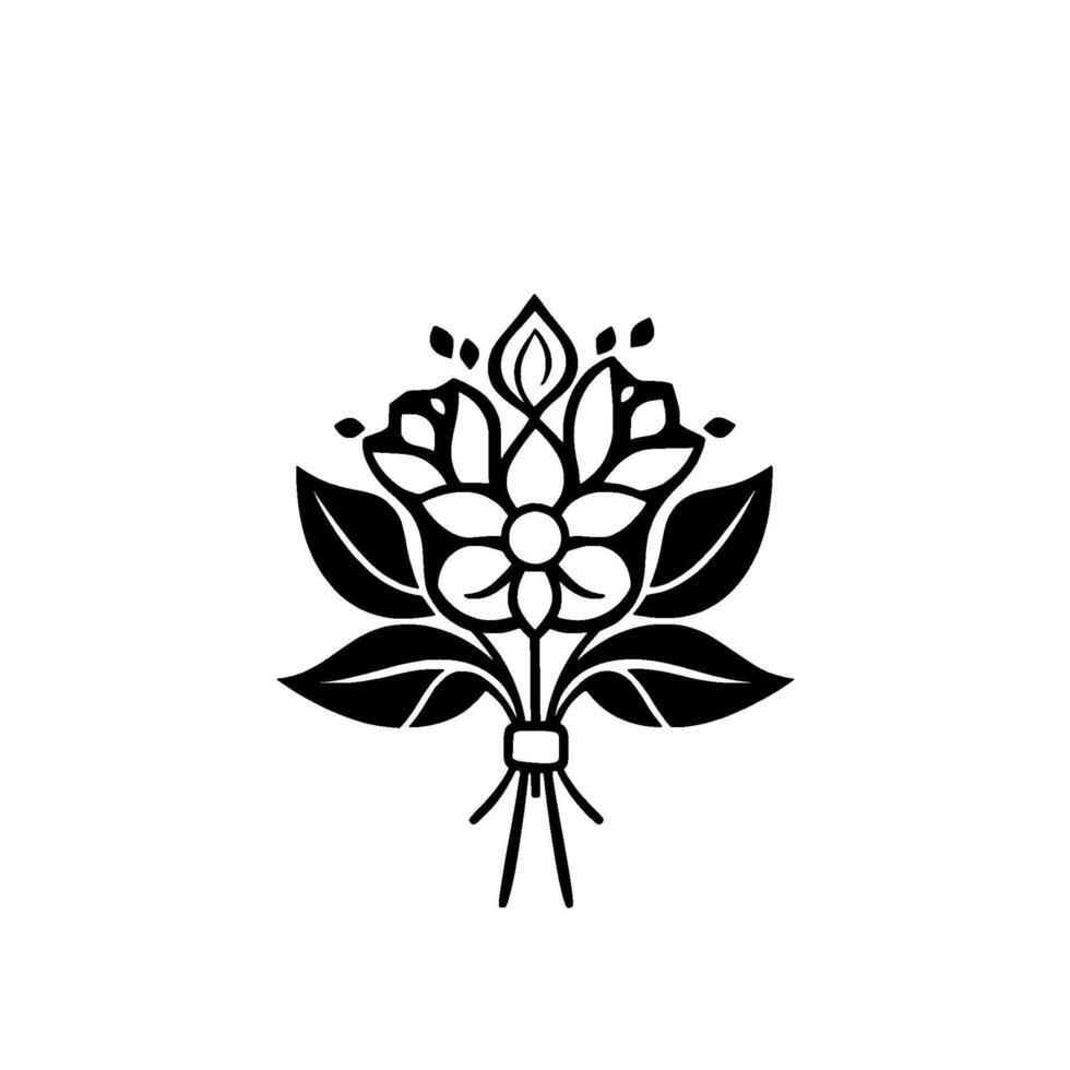 Stylized black and white floral bouquet illustration featuring a central flower and surrounding foliage, evoking classic . vector
