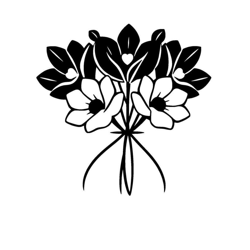 Stylized Floral Illustration Black and White Bouquet with Delicate Lines, Heart Accents, and a Minimalist . vector