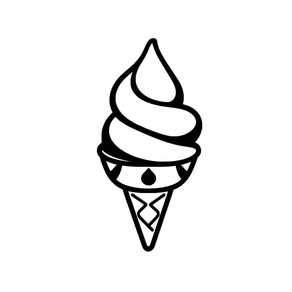Minimalist Ice Cream Cone in Black and White, Featuring a Swirled Soft Serve and Decorative Cone Details. vector