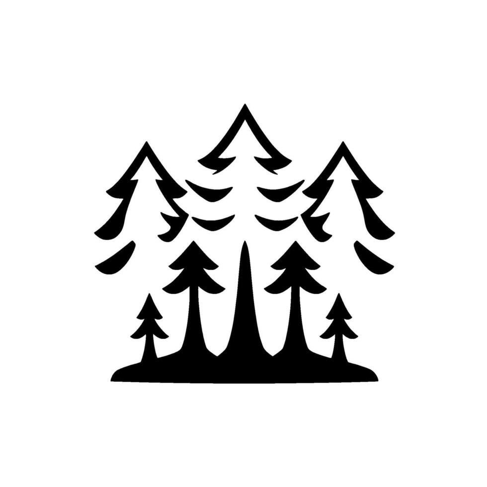 Stylized black and white illustration of a group of evergreen trees, suggesting a simple forest or woodland environment, presented on white background. vector