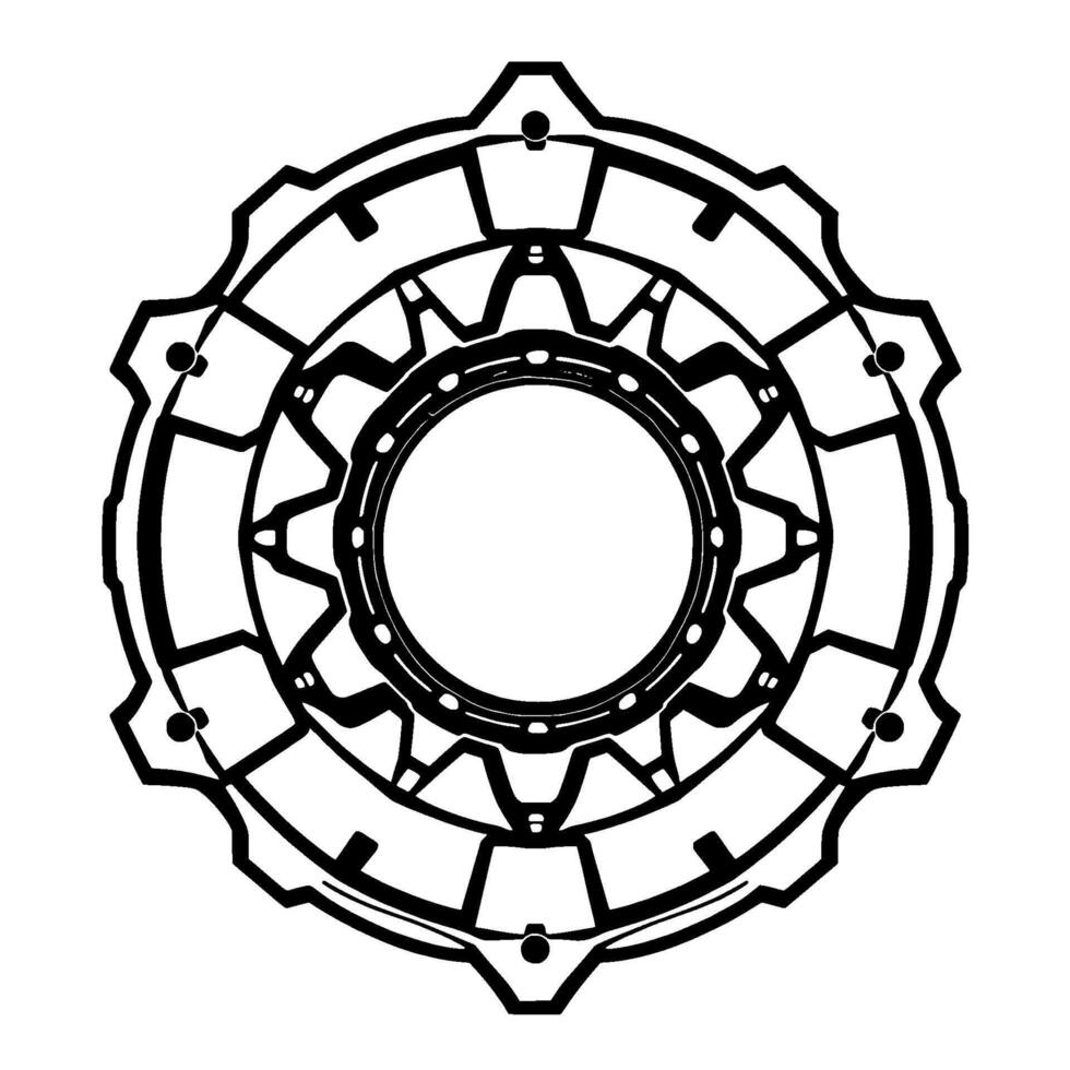 Intricate Black and White Geometric Gear with Circular Layers, Detailed Edges, and a Clean, Minimalist Aesthetic. vector