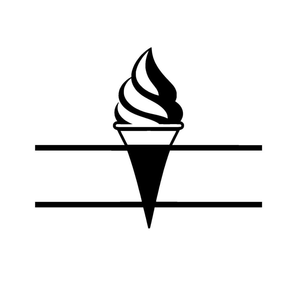 Bold, monochromatic showcasing an ice cream cone with swirled soft serve, set between two horizontal black lines on a stark white background. vector