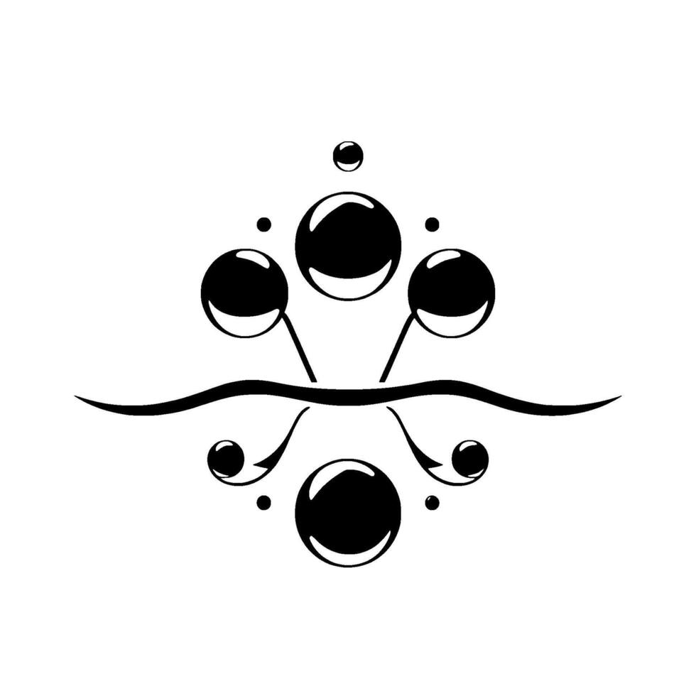 Elegant monochrome featuring stylized bubbles and stems arranged symmetrically above and below a curved line. vector