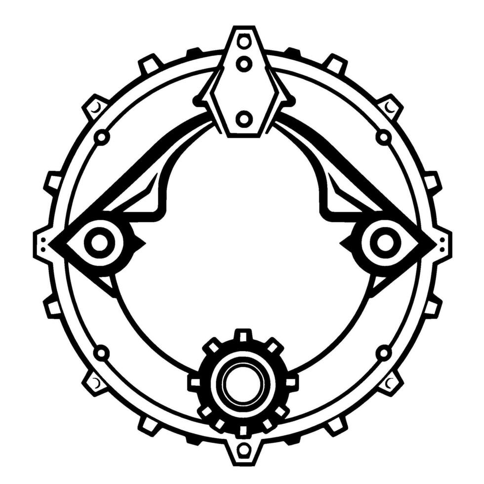 Intricate black and white steampunk eyethemed gear mechanism with geometric shapes, circular , and mechanical aesthetic. vector