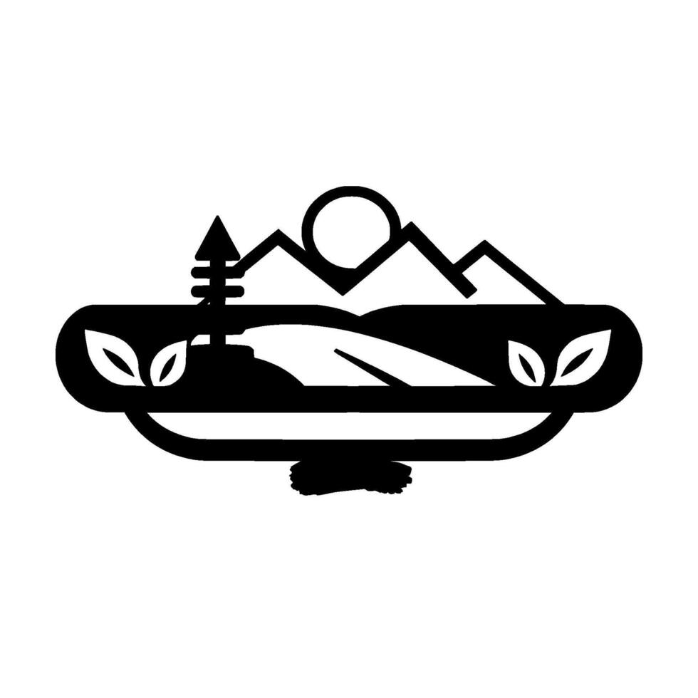 Modern Minimalist Emblem of a Mountain Landscape with a Tree, Sun, and Leaves in Black and White, on an Ellipse. vector