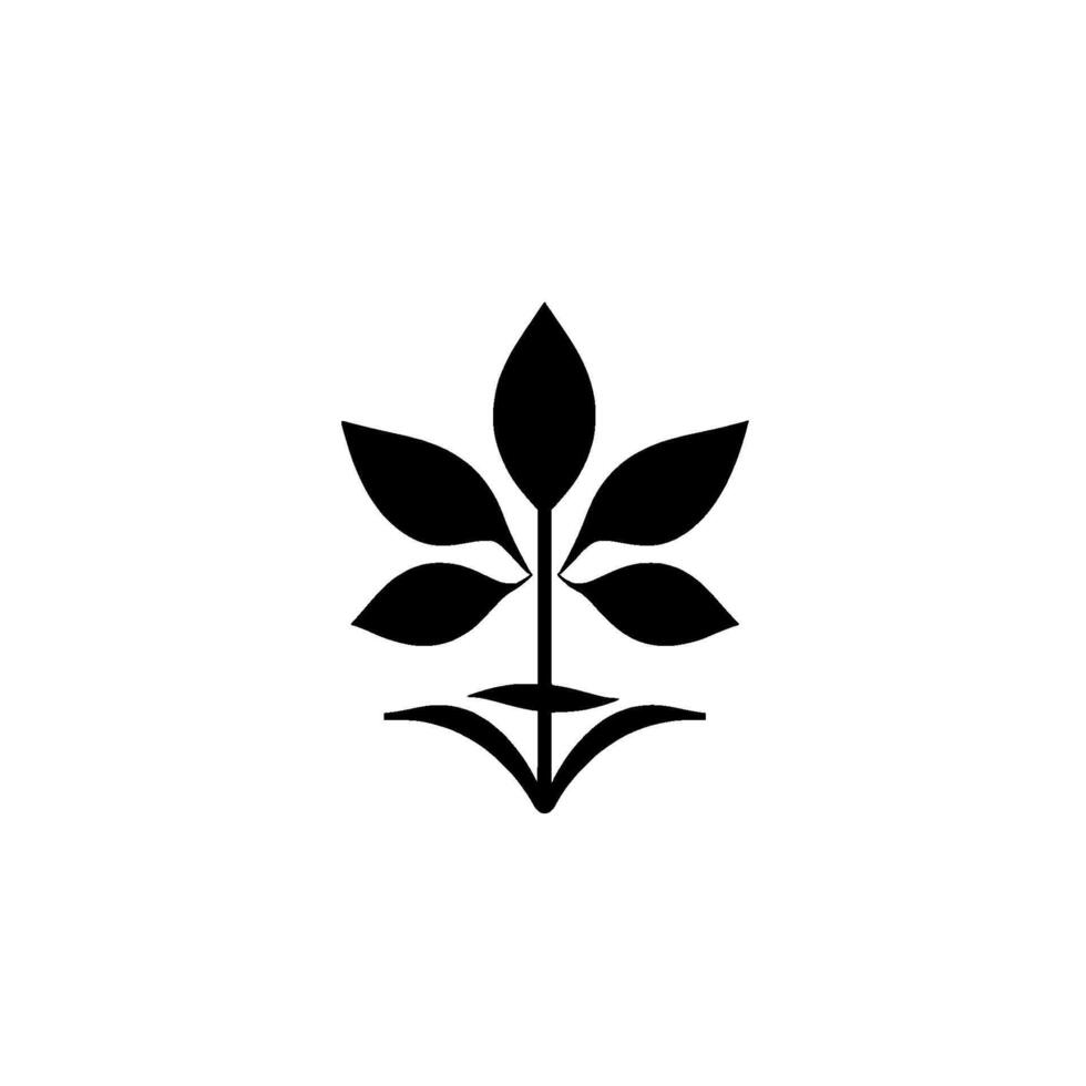 Minimalist black and white botanical illustration featuring a stylized, symmetrical plant with six leaves and a clean, stark aesthetic. vector