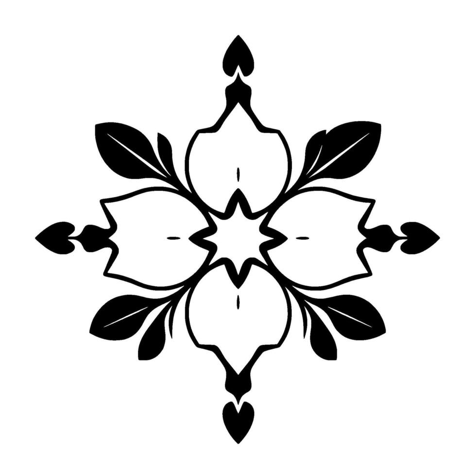 Symmetrical Black and White Floral , a stylized ornamental motif radiating from a central starlike feature, surrounded by symmetrical leaves and heartshaped embellishments. vector