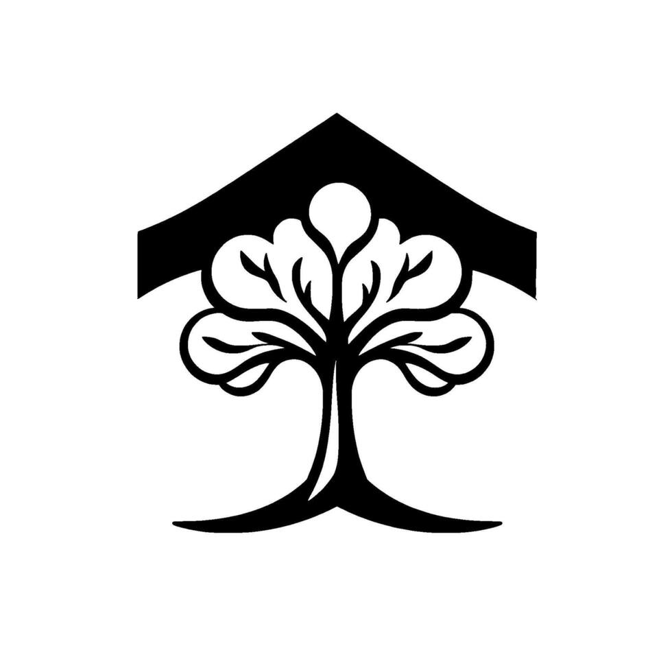A minimalist monochrome featuring an stylized tree with intricate leaves and branches under a modern house shape. vector