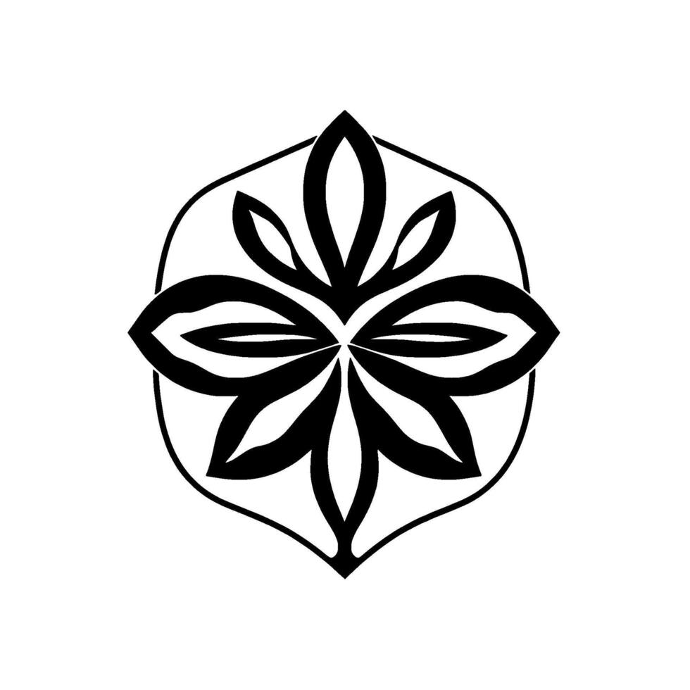 Elegant black and white symmetrical floral enclosed within a stylized shield shape, evoking a sense of sophistication and natural beauty. vector