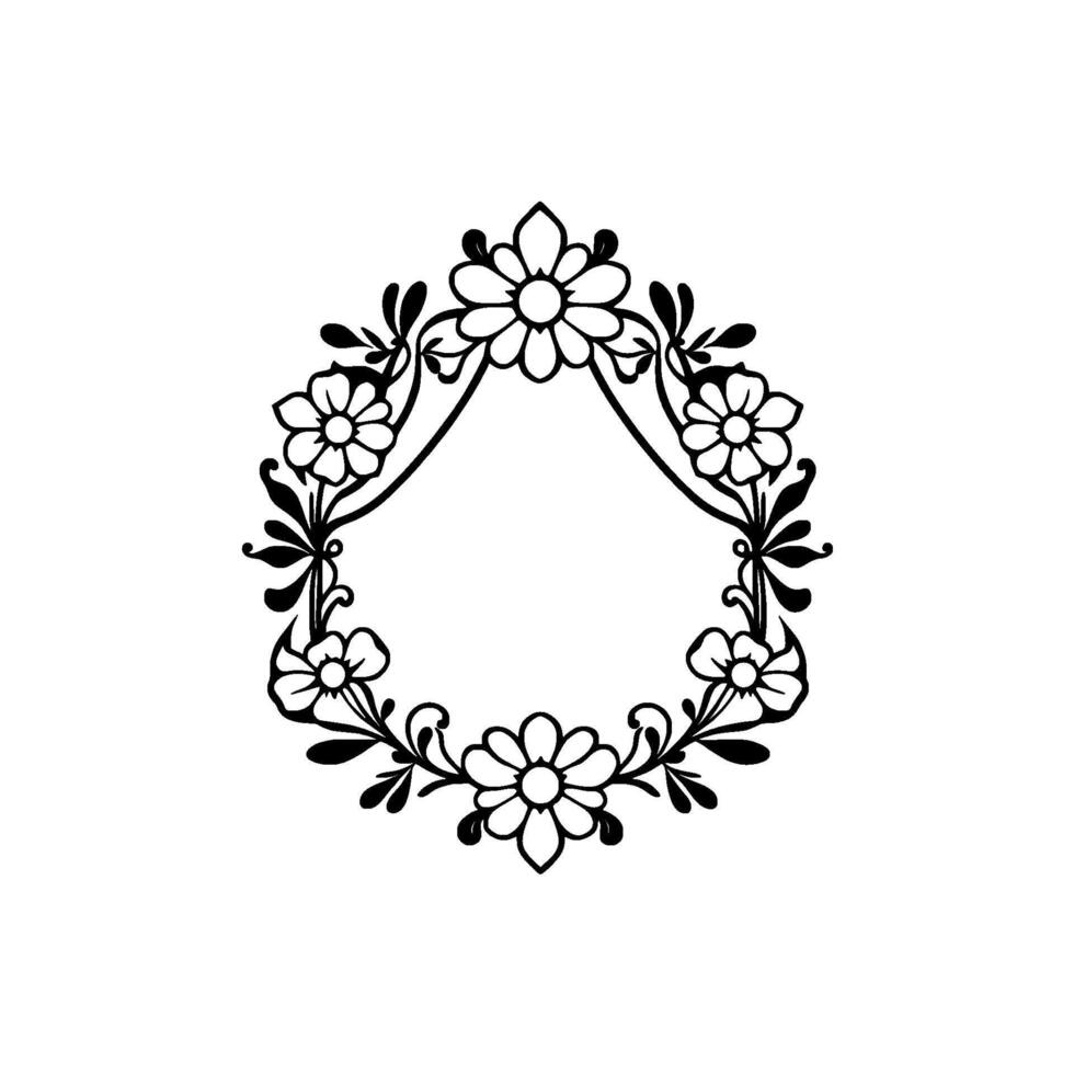 Ornate black floral frame featuring stylized daisies and leaves forming an oval shape with a central opening, presented on a white background. vector
