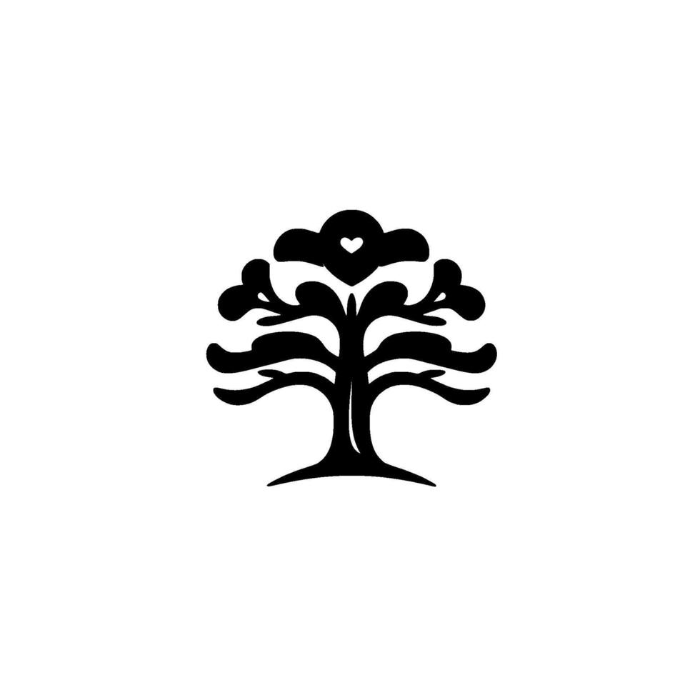 Black and white minimalist stylized tree silhouette with a heartshaped element in its crown, set against a clean white backdrop. vector