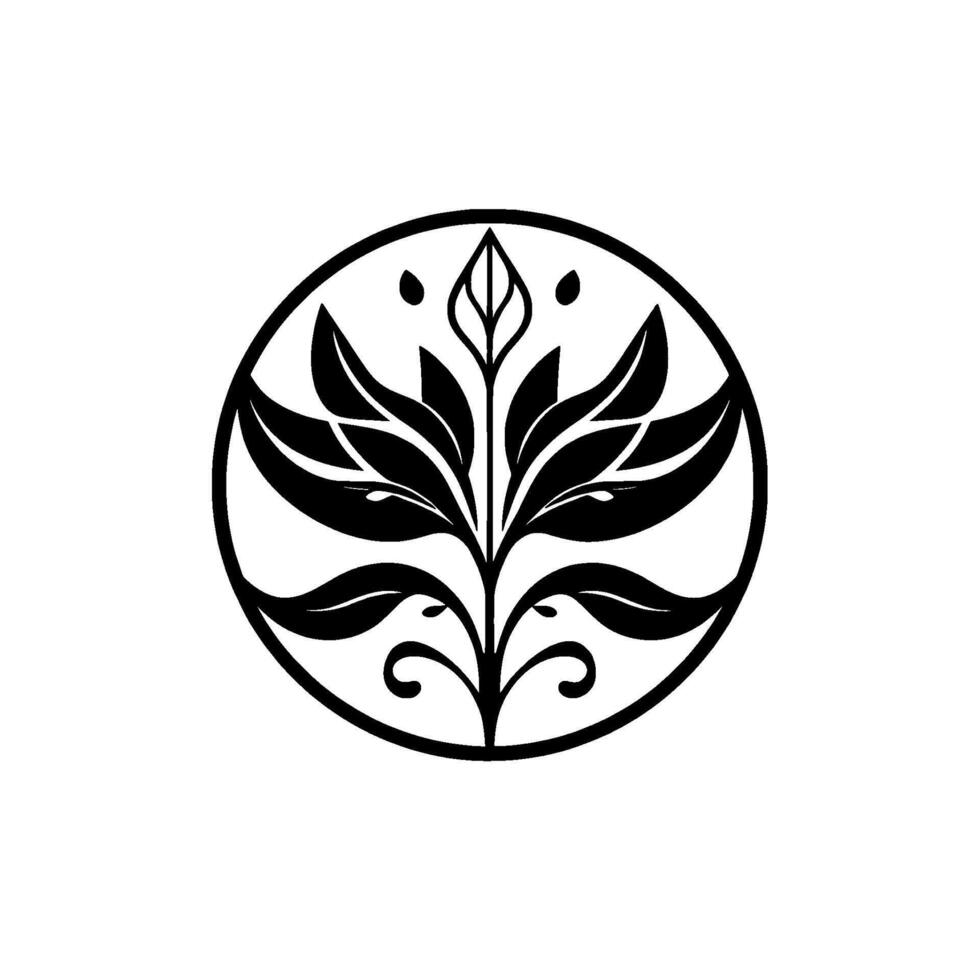 Elegant Black and White Botanical Circular Frame with Stylized Leaves and Floral Elements, Minimalist Aesthetic. vector