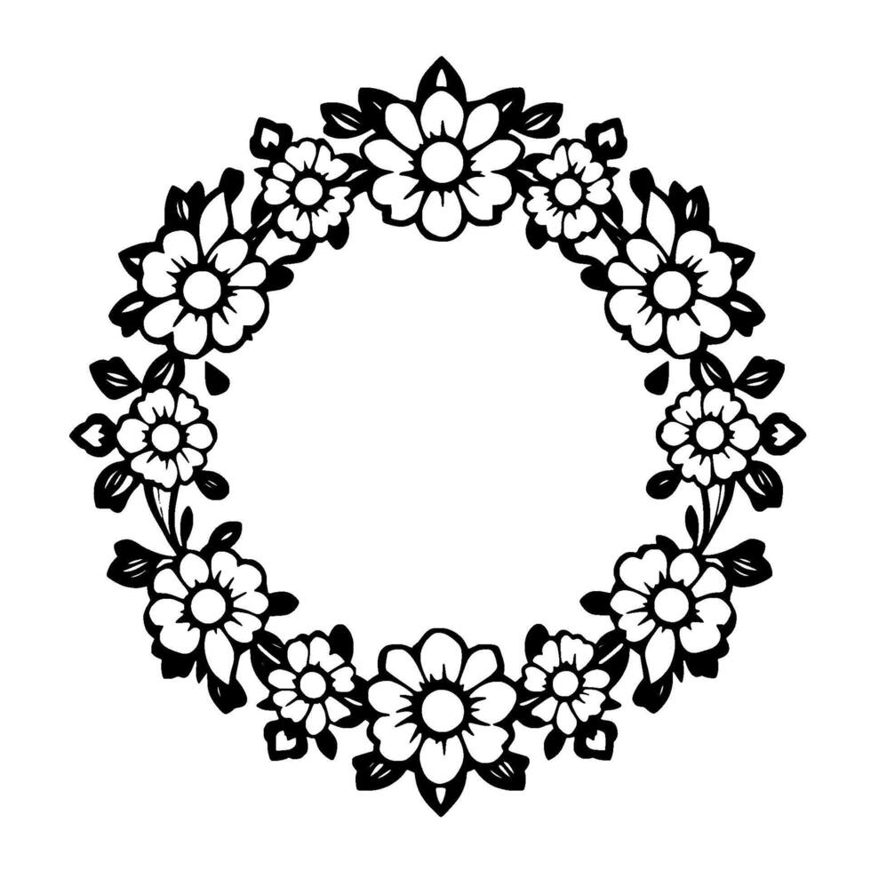 Elegant, circular floral wreath in monochrome, featuring detailed daisylike blossoms and leaves, perfect for elements or frame. vector