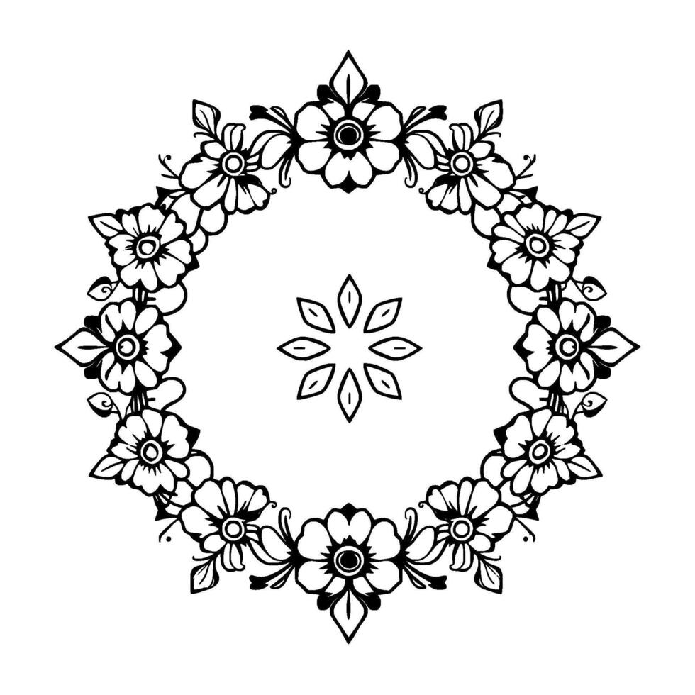 Intricate Black and White Floral Wreath Detailed Line Art with a Central Geometric Motif. vector