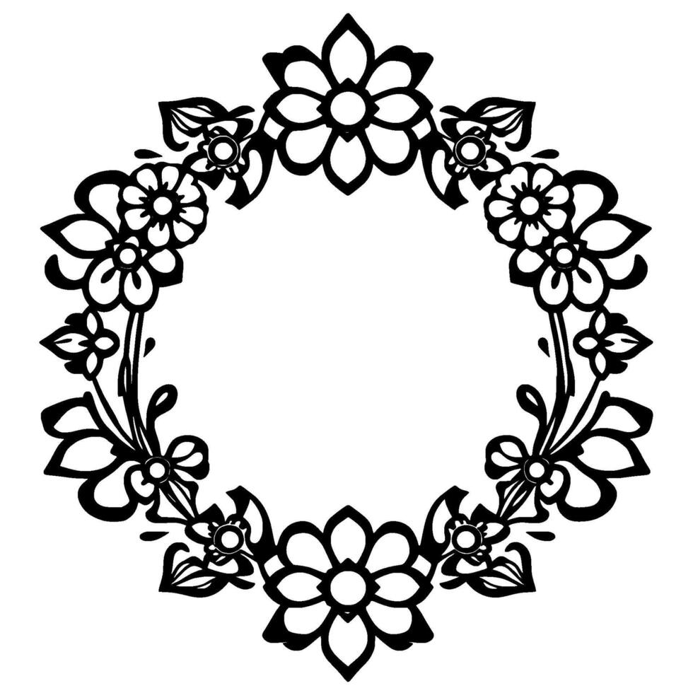 Ornate Black White Floral Wreath Symmetrical of Stylized Flowers and Leaves, Circular Frame for Elegant Decoration. vector