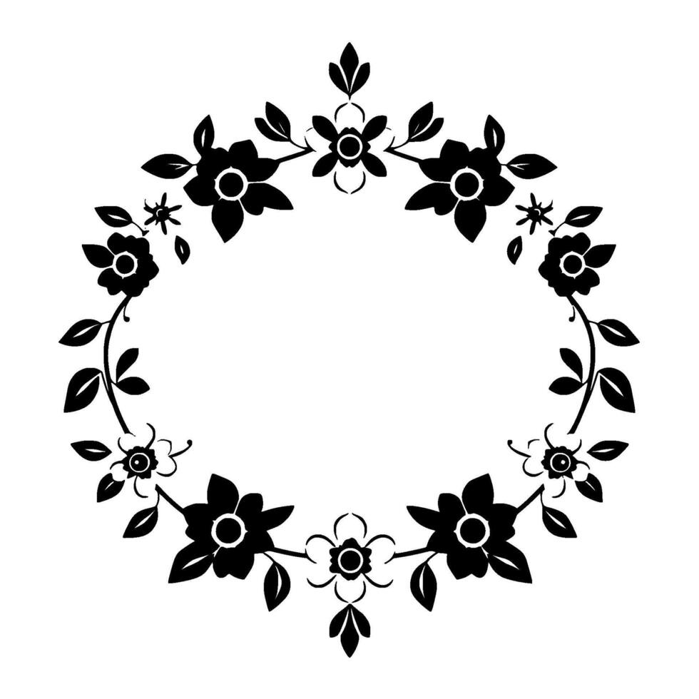 Elegant Black and White Floral Wreath with Delicate Petals, Leaves, and a Central Oval Empty Space. vector