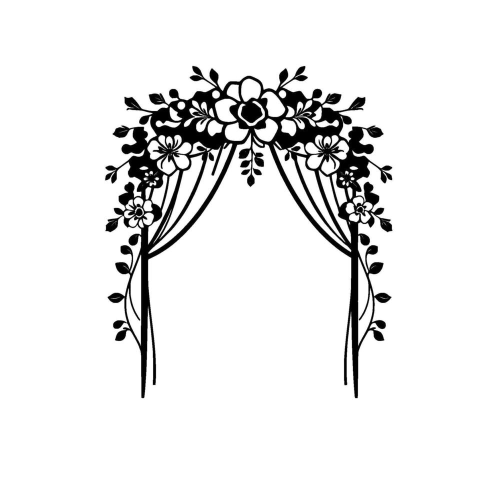 Elegant Black and White Floral Archway with Delicate Flower and Leaf Accents, Minimalist Style. vector