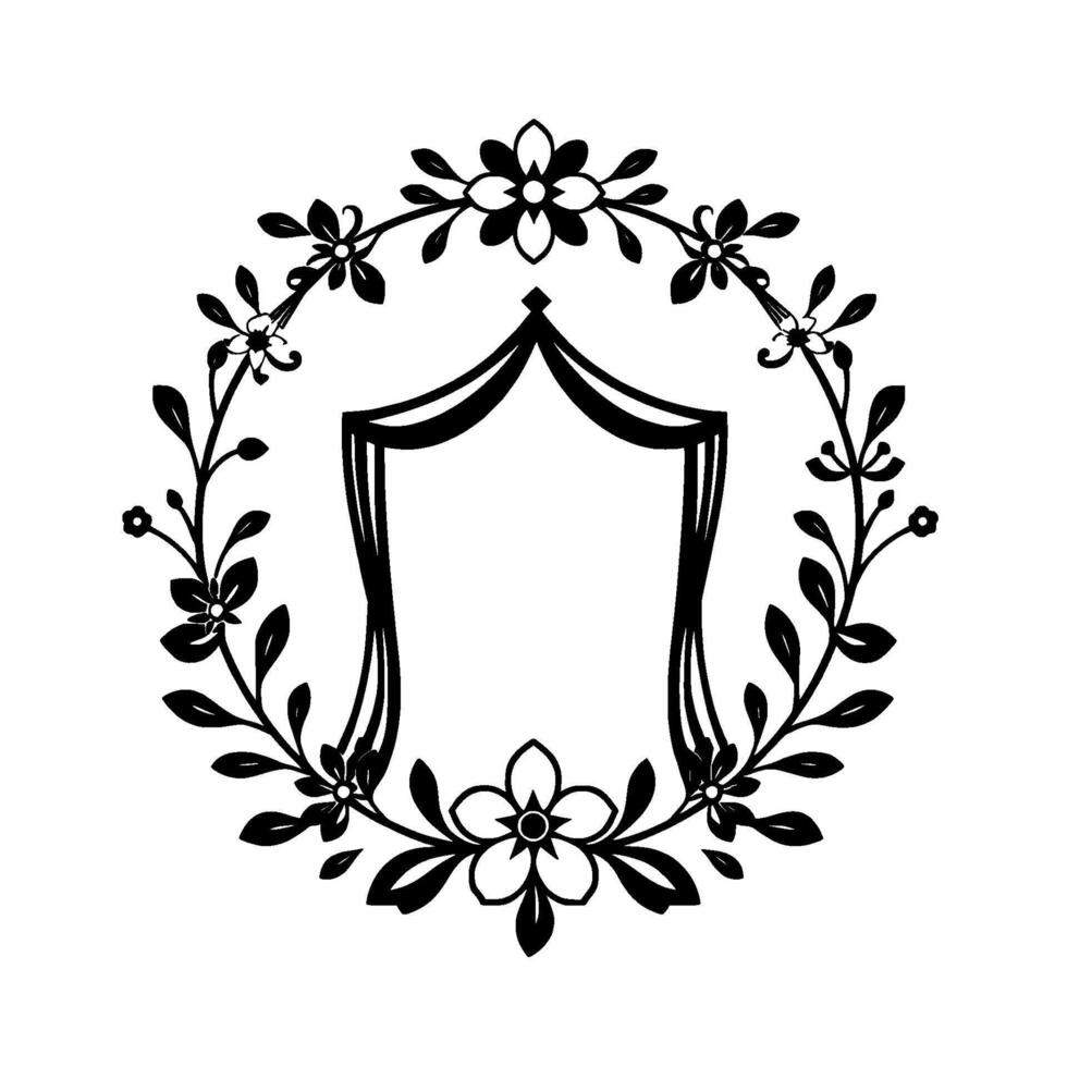 Intricate black and white floral wreath framing an elegant, ornamental empty shield or emblem shape. vector