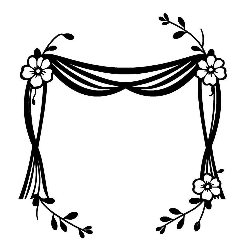 Elegant Floral Archway Illustration Black and White featuring Flowers, Ribbons, and Foliage for Event or Wedding Decor. vector