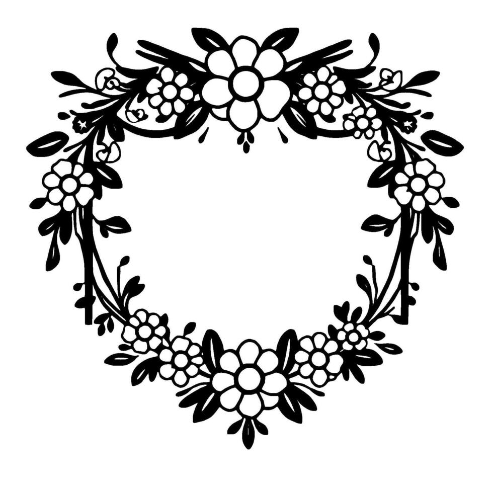 Elegant Black and White Floral Wreath with Outlined Flowers, Leaves, and Delicate Curlicues Surrounding an Open Center. vector