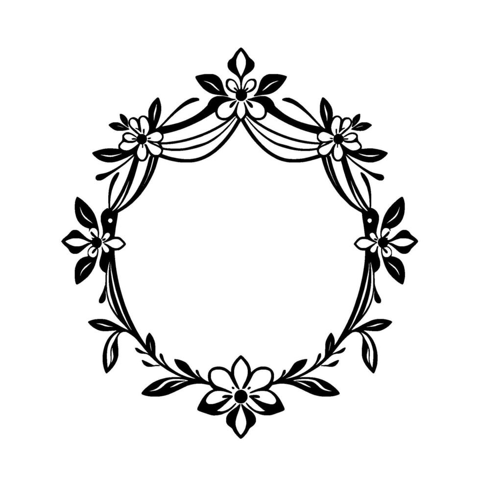 Elegant Black and White Floral Frame Circular with Delicate Flowers, Leaves, and Curving Lines, Ideal for Invitations and Decorative Elements. vector