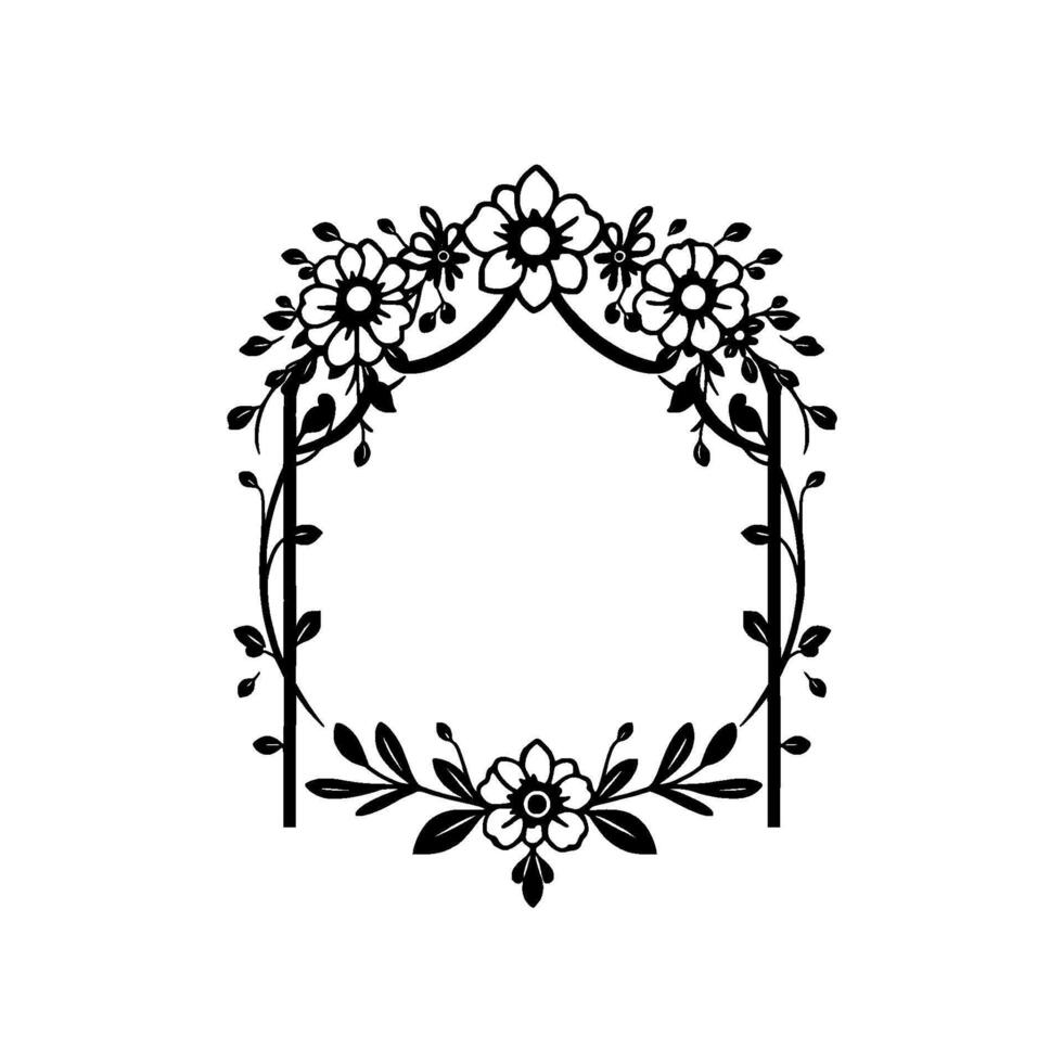 Elegant Black White Floral Arch Frame with Blossoms, Leaves, Vines, and a Central Open Space for Text or Imagery, Isolated on White. vector
