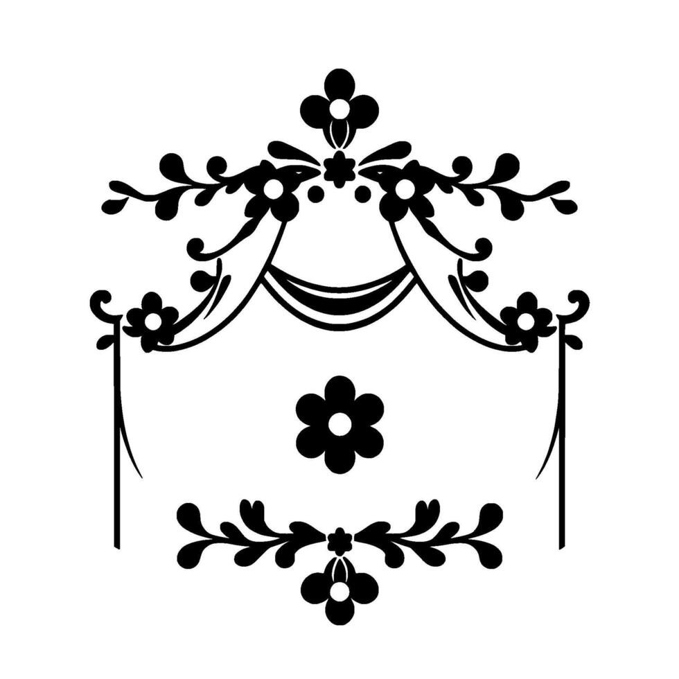 Elegant Black Floral Ornament with Curtain Elements, Centered , Symmetric Composition, Classic Decorative Motif vector