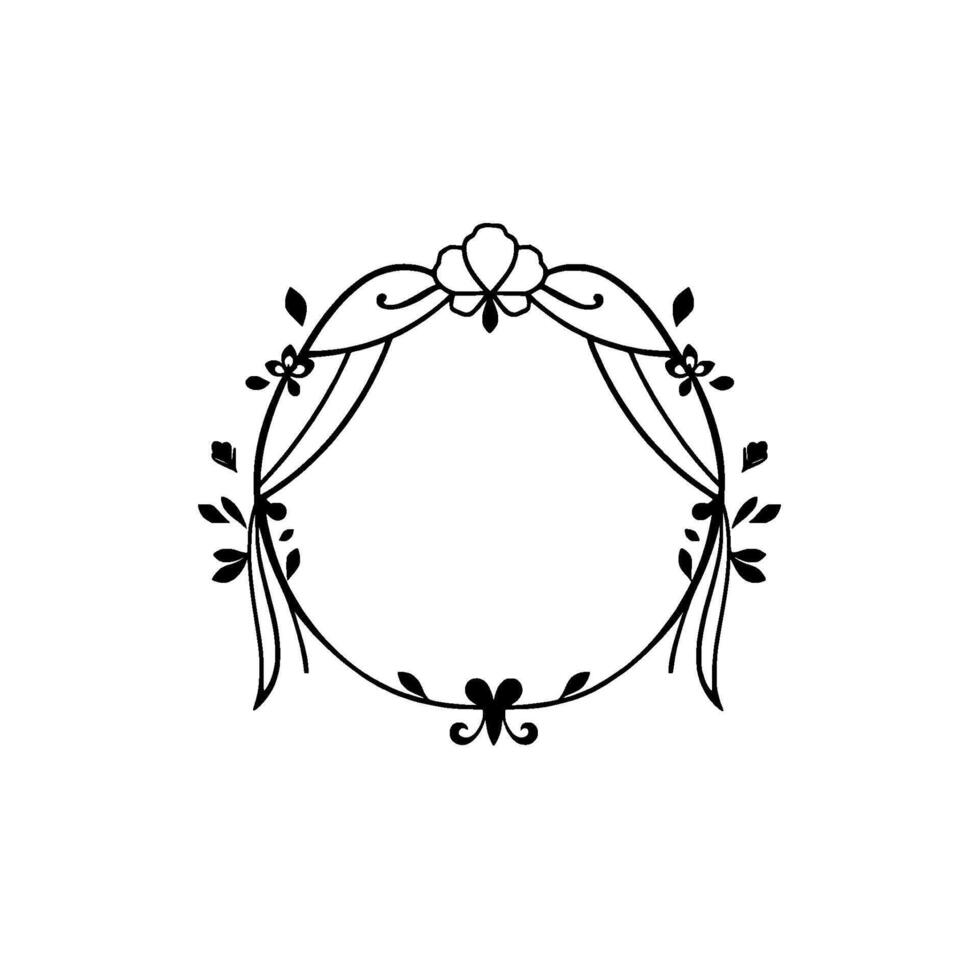 Elegant Floral Wreath Frame with Drape Accents, Delicate Black Line Art, Perfect for Invitations and Designs. vector