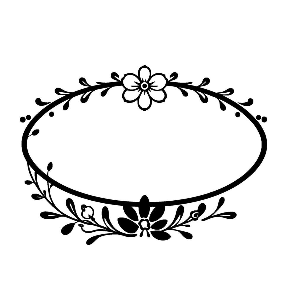 Elegant Black and White Oval Floral Frame with Blossoms and Foliage, Simple and Ornamental . vector