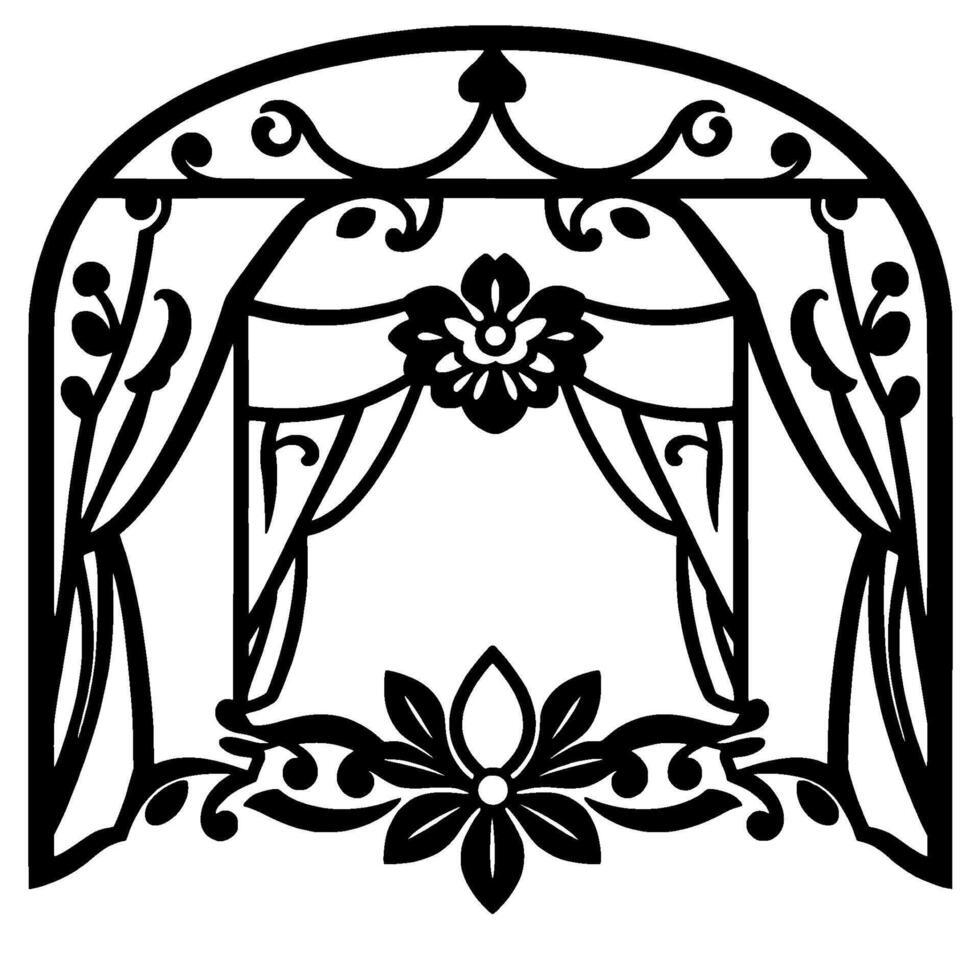 Elegant Black and White Floral Arched Frame with Drapery, Decorative Details, and Symmetry, Suitable for Wedding Invitation . vector