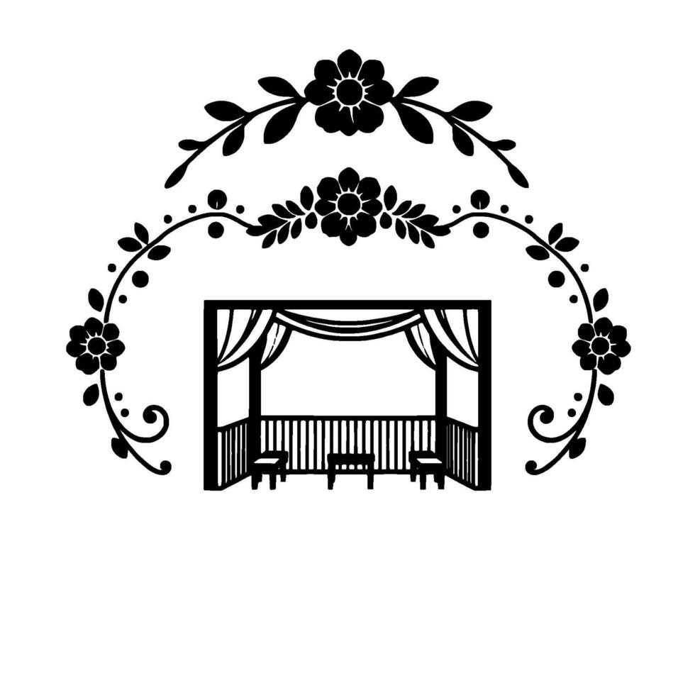 Elegant Black and White Illustration Gazebolike Structure with Draped Curtains, Floral Arch, Chairs and Table vector