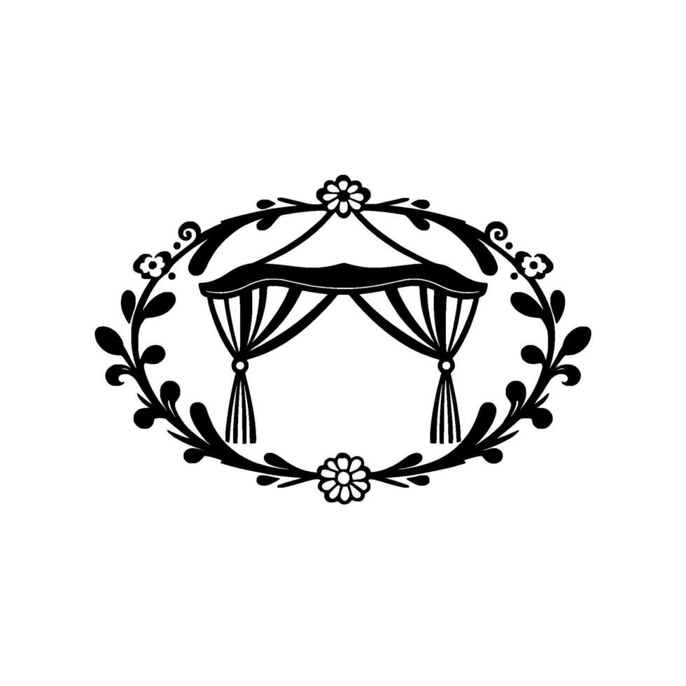 Black and white oval floral illustration of a canopy with hanging curtains and tassels, evoking a romantic or ceremonial atmosphere. vector
