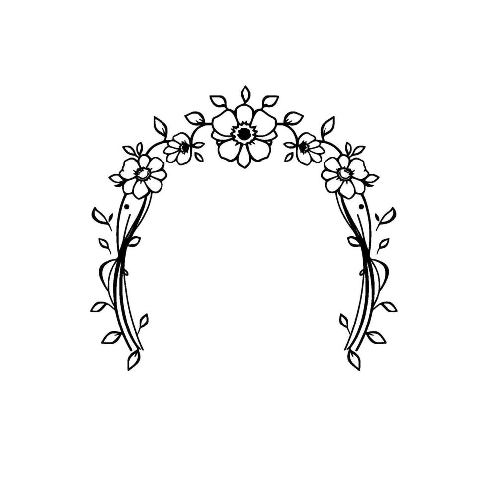 Elegant Monochrome Floral Archway Embellishment, Featuring Intricate Outlined Flower and Leaf Details. vector