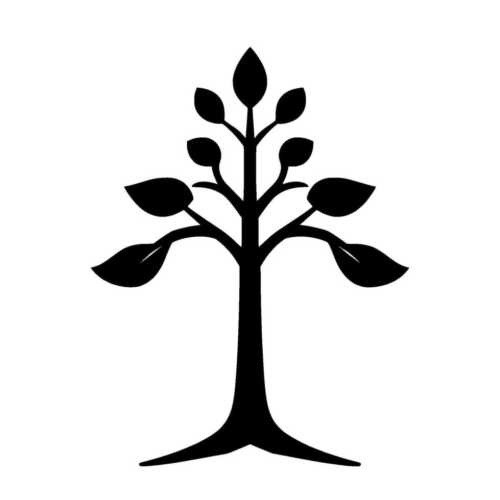 Simple and Stylish Black Silhouette of a Leafy Tree with Symmetrical Branches and Leaves Against a Clean White Background. vector