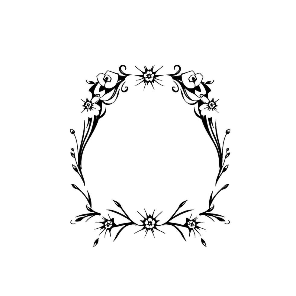An elegant, symmetrical floral border in black and white, encircling open space, with stylized flowers and swirling vines. vector